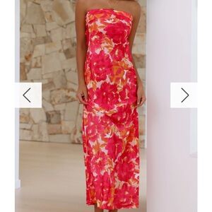 Billy J Orange and Pink Floral Strapless Maxi Dress